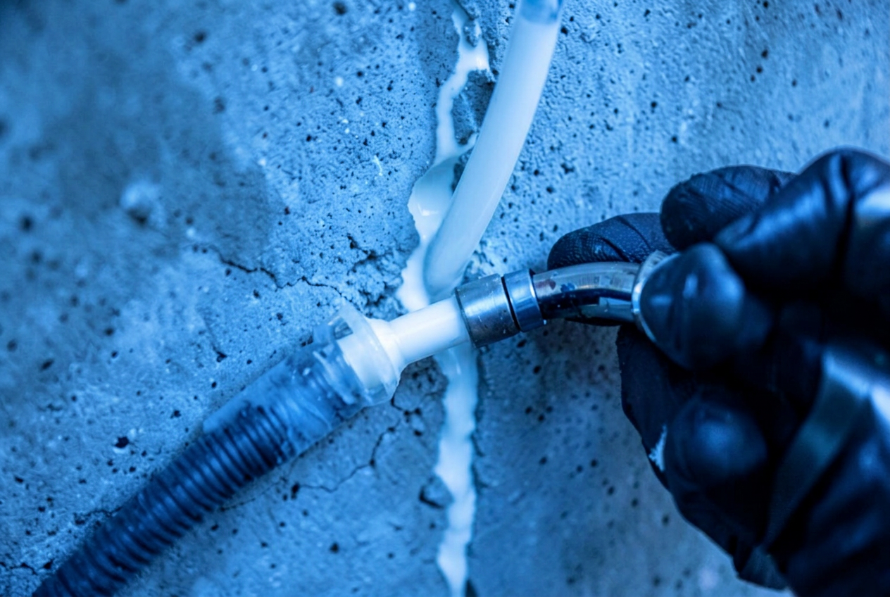 Formular injection packer sealing a crack in a concrete wall