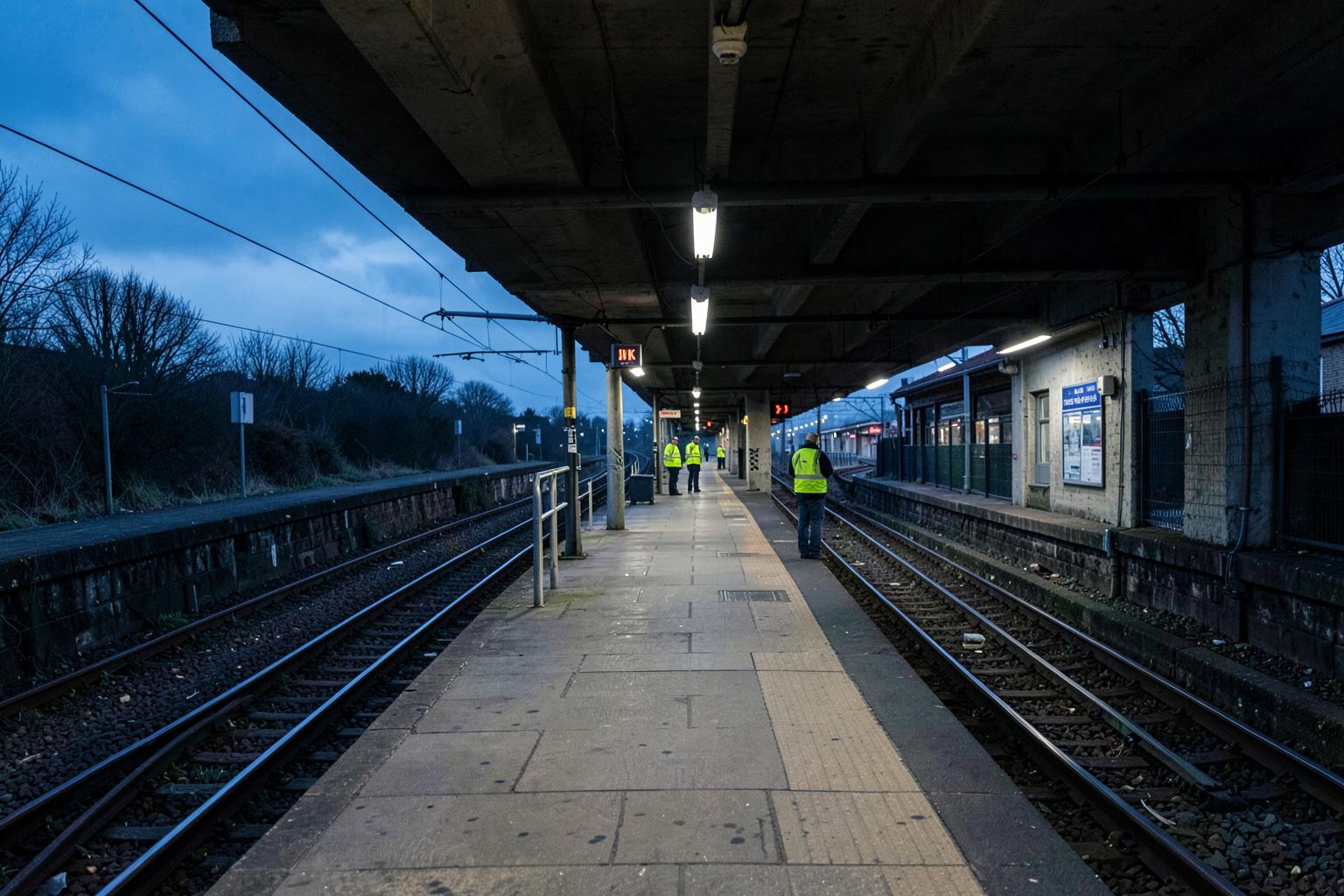 UK railway platform and trackside structures at dusk